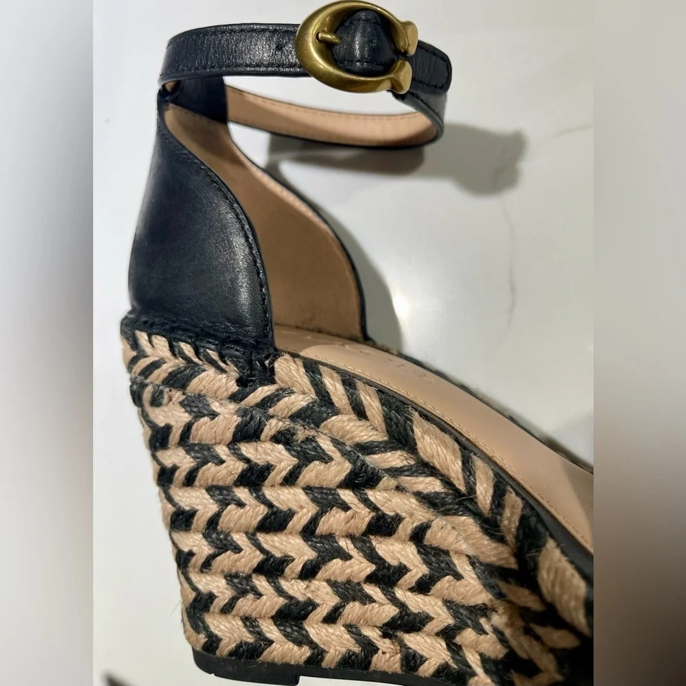 🥳🥳 COACH Kit Espadrilles, Black leather Wedge Peep Toe Platform Sandal Size 6 - Picture 2 of 12